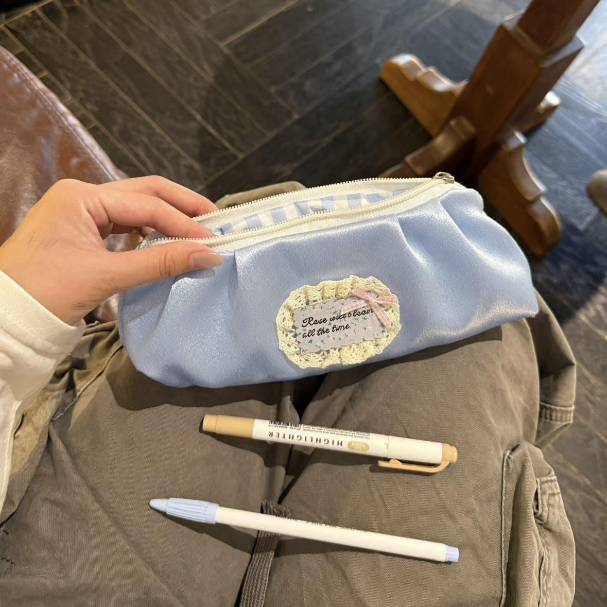 CouldNook Satin Pencil Pouch - Gingham Lining And Ruffled Label Trim