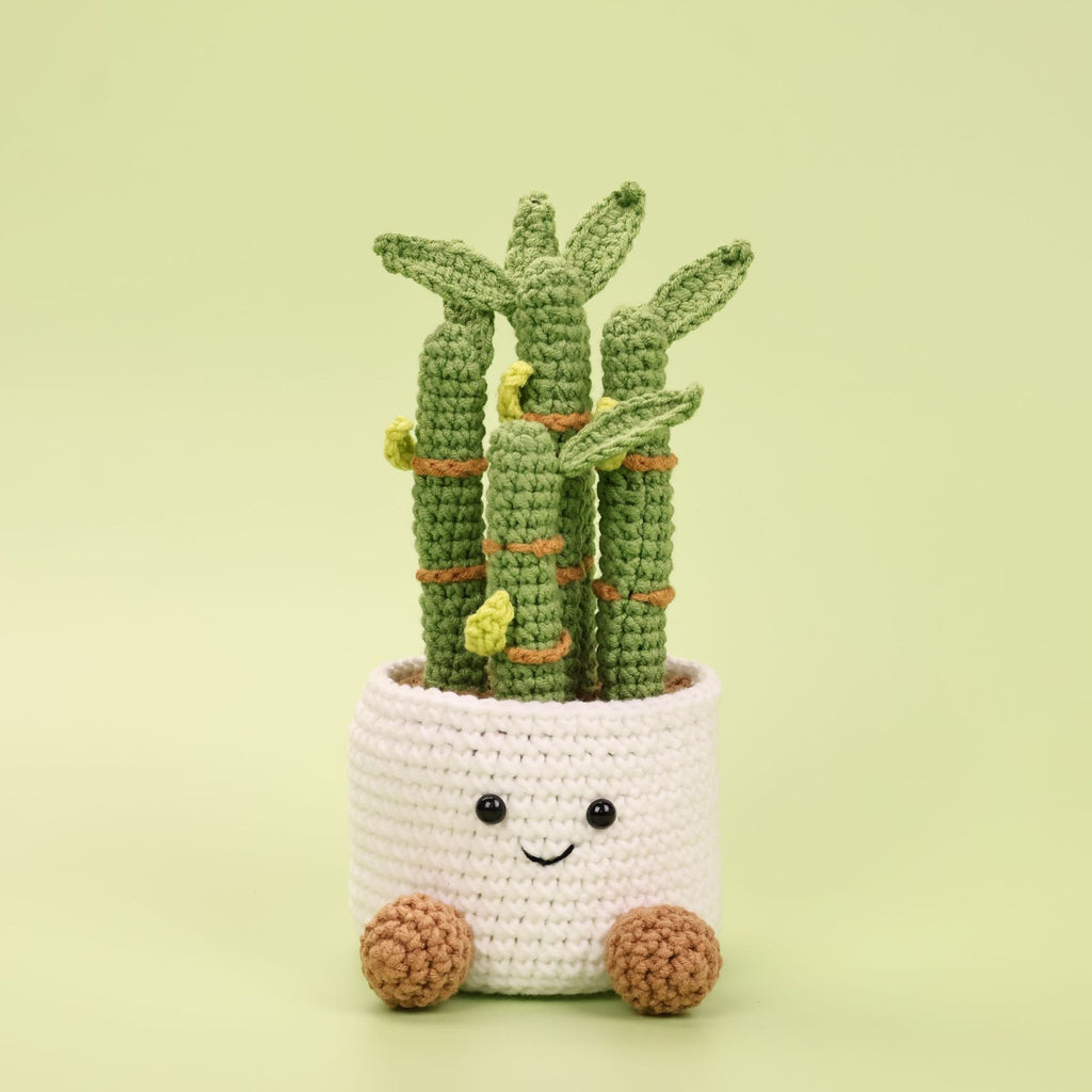 CouldNook Crocheted Bamboo Pot Ornament - Smiling Face And Textured Stems