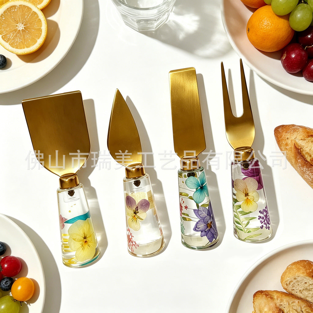 CouldNook Floral Cheese Serving Utensils - Clear Resin Handles and Shaped Heads