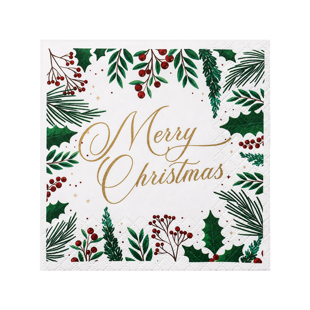 CouldNook Christmas Paper Napkins - Holly Berry Border And Script Greeting