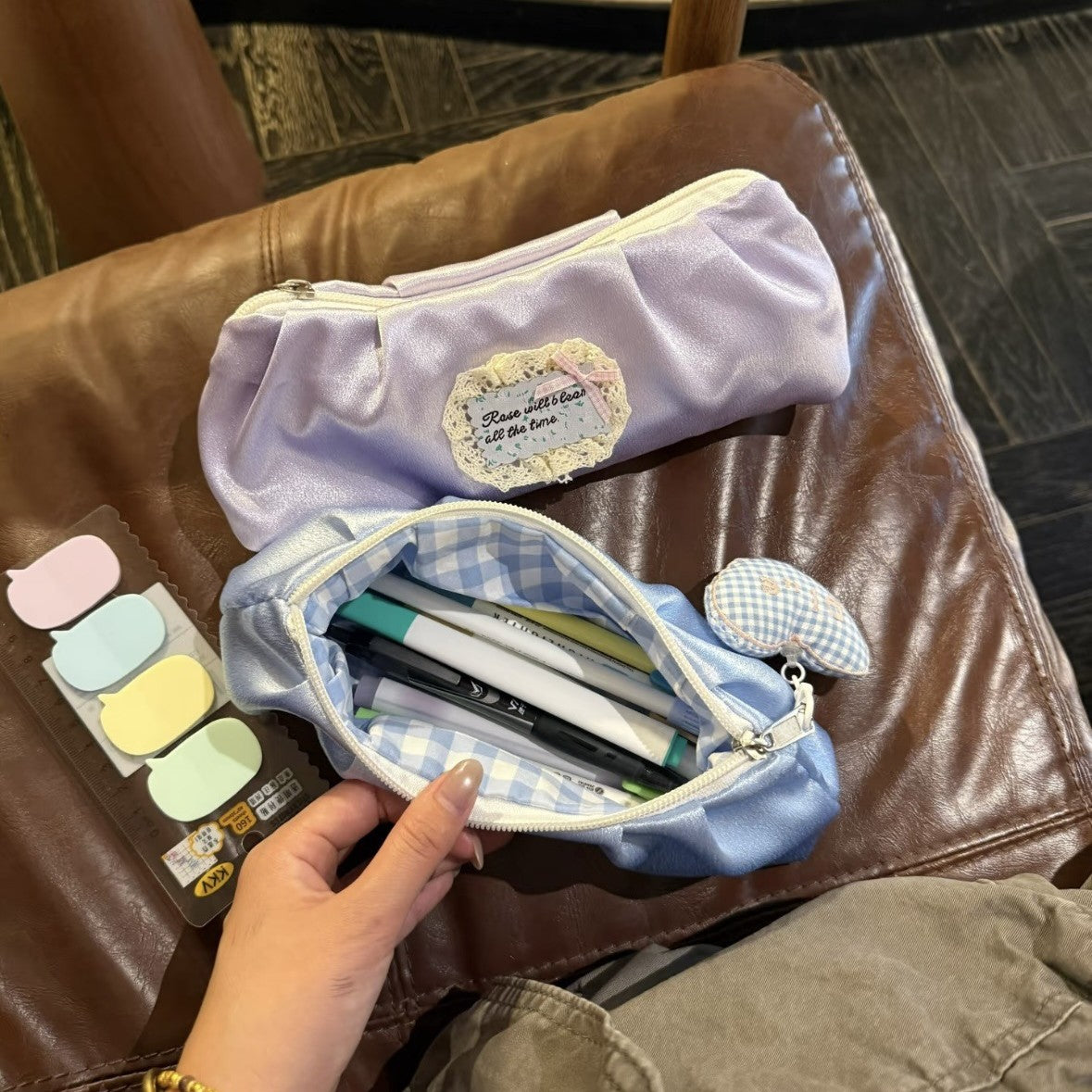 CouldNook Satin Pencil Pouch - Gingham Lining And Ruffled Label Trim