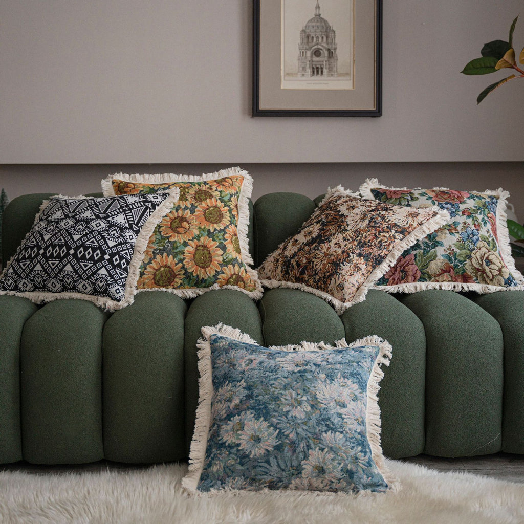 CouldNook Fringed Jacquard Cushion Cover - Botanical Patterns And Textured Borders