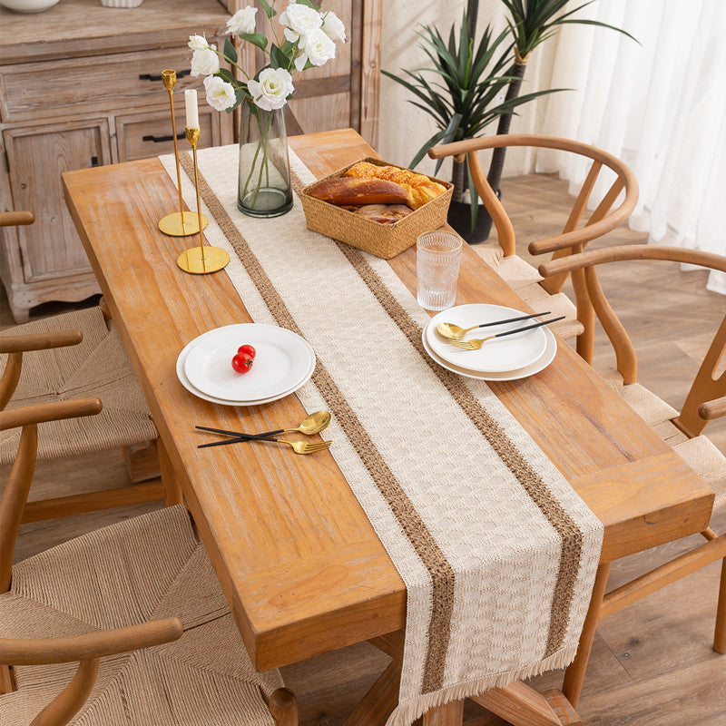 CouldNook Linen Cotton Table Runner - Boho Striped Tassel Decor
