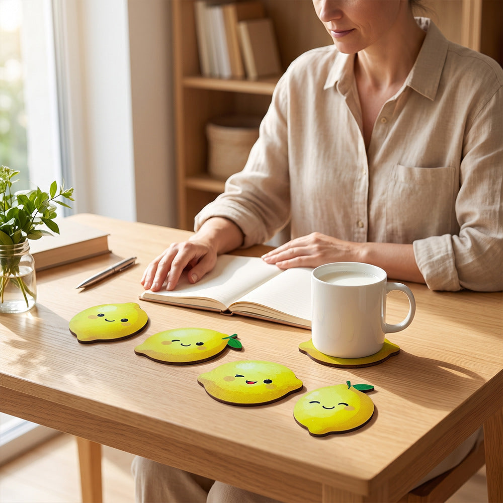 CouldNook Lemon Coaster Set - Four Wooden Pieces And Cartoon Faces