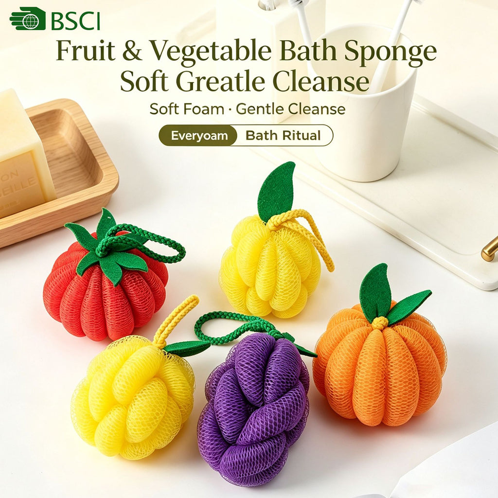 CouldNook Fruit Shaped Bath Pouf - Gathered Mesh And Green Leaf Detail