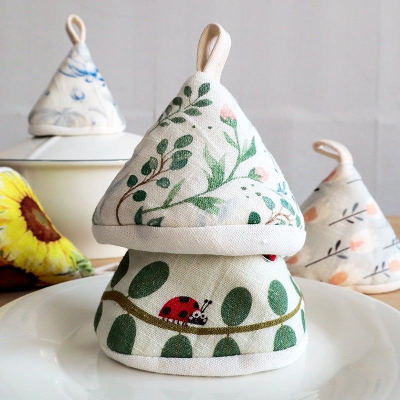 CouldNook Cotton Linen Triangle Pot Holder - Elegant Botanical Mini Mitt