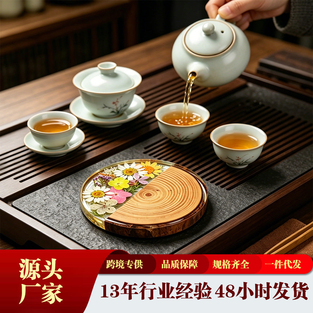 CouldNook Round Floral Coaster - Wood Grain and Clear Resin Section