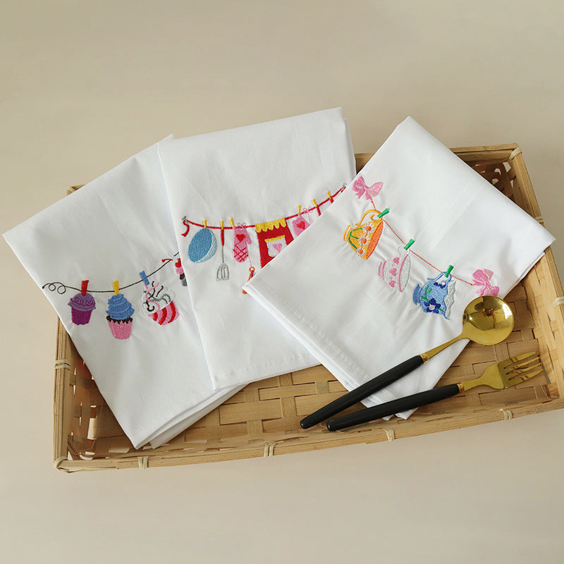 CouldNook Embroidered Cotton Napkin - Colorful Kitchen Motifs On White