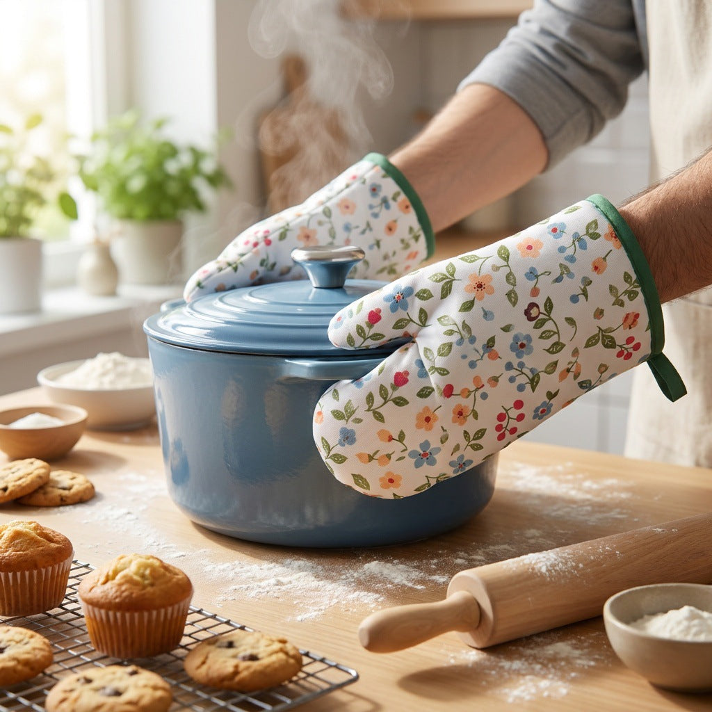 CouldNook Printed Oven Mitt - Floral Patterns And Bound Hanging Loop