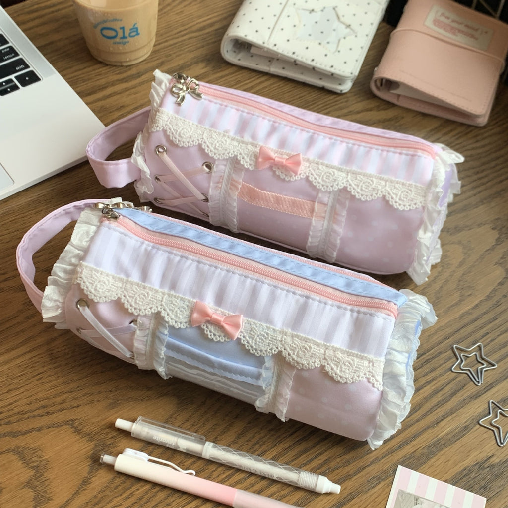 CouldNook Lace Trim Pencil Pouch - Bow Detail And Side Loop