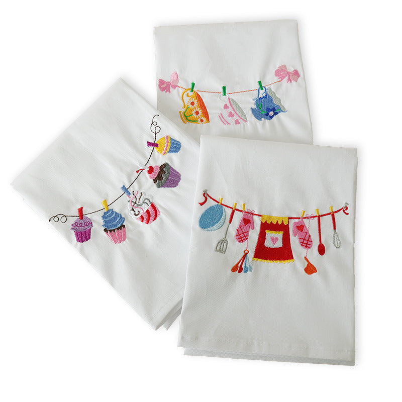 CouldNook Embroidered Cotton Napkin - Colorful Kitchen Motifs On White