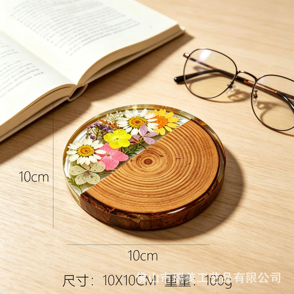 CouldNook Round Floral Coaster - Wood Grain and Clear Resin Section
