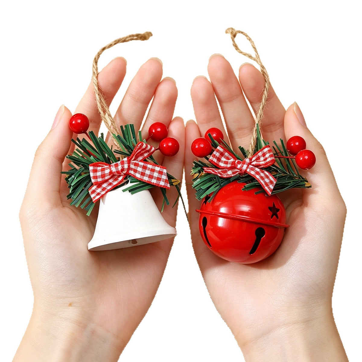 CouldNook Christmas Bell Ornament - Checkered Bows and Greenery Accents
