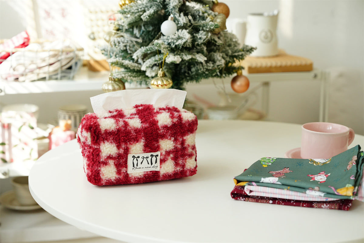 CouldNook Plaid Tissue Box Cover - Fuzzy Surface and Front Label