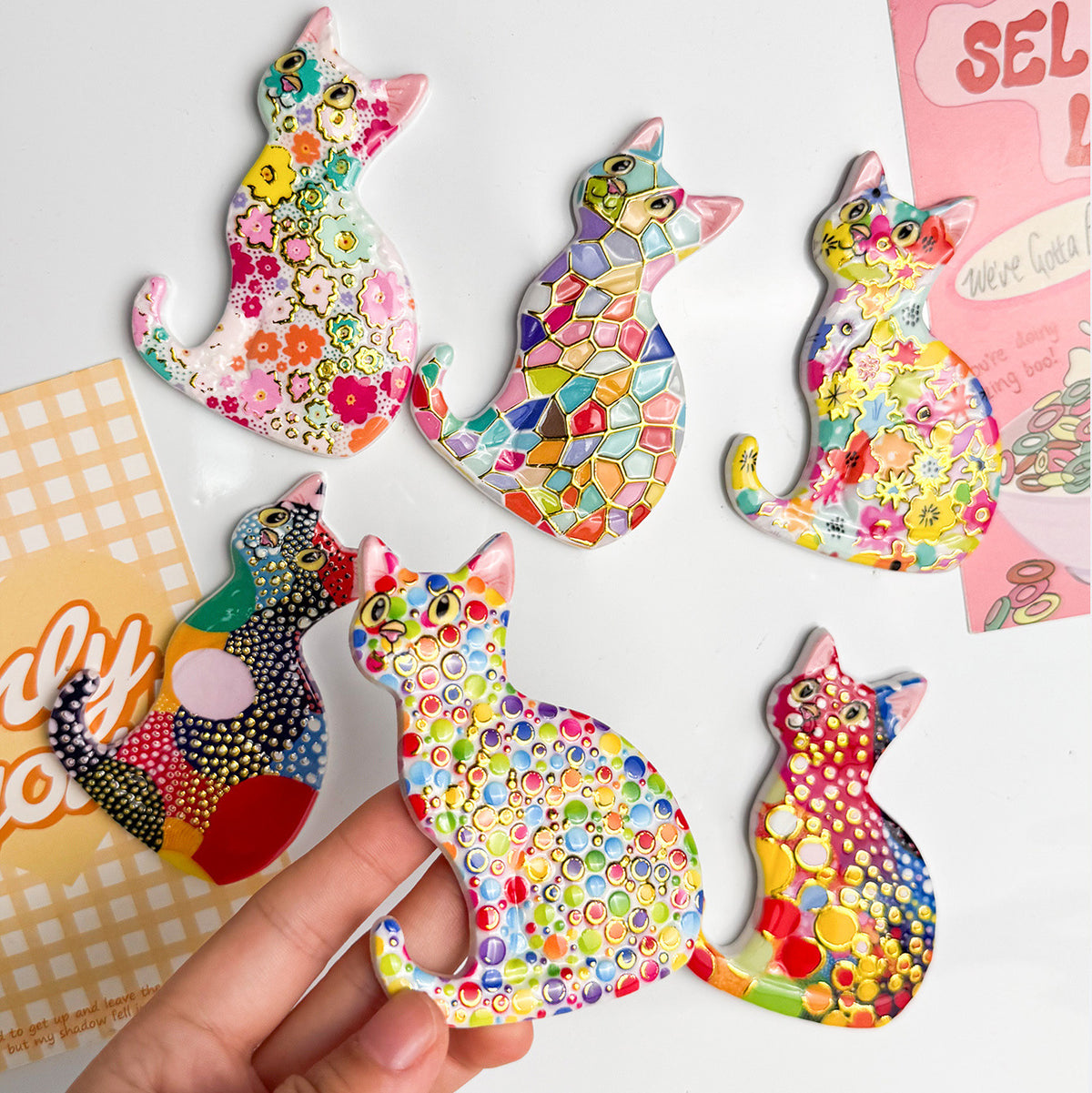 CouldNook Patterned Cat Magnet - Seated Silhouette And Colorful Raised Details