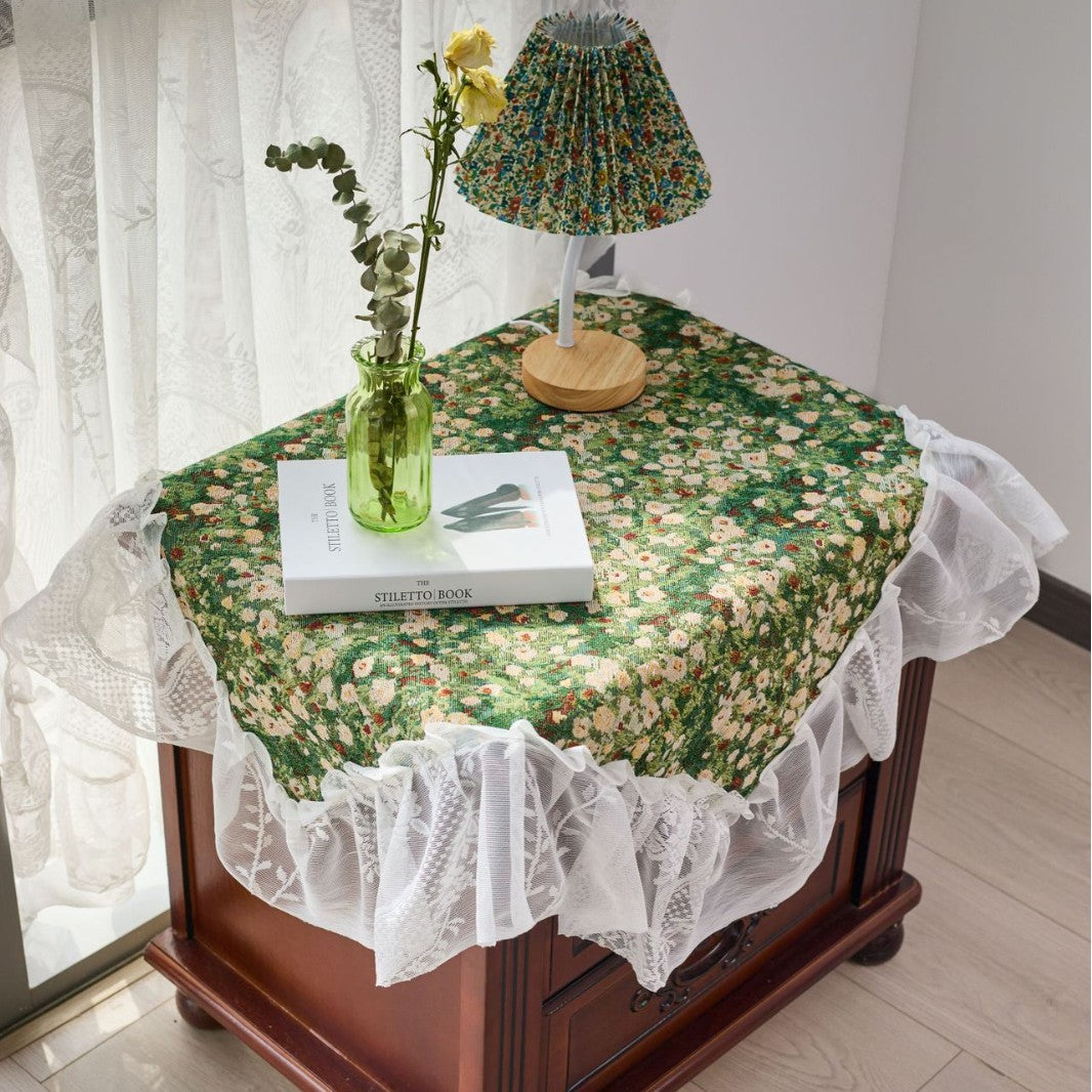 CouldNook Ruffled Jacquard Tablecloth - Patterned Center And Sheer Lace Border