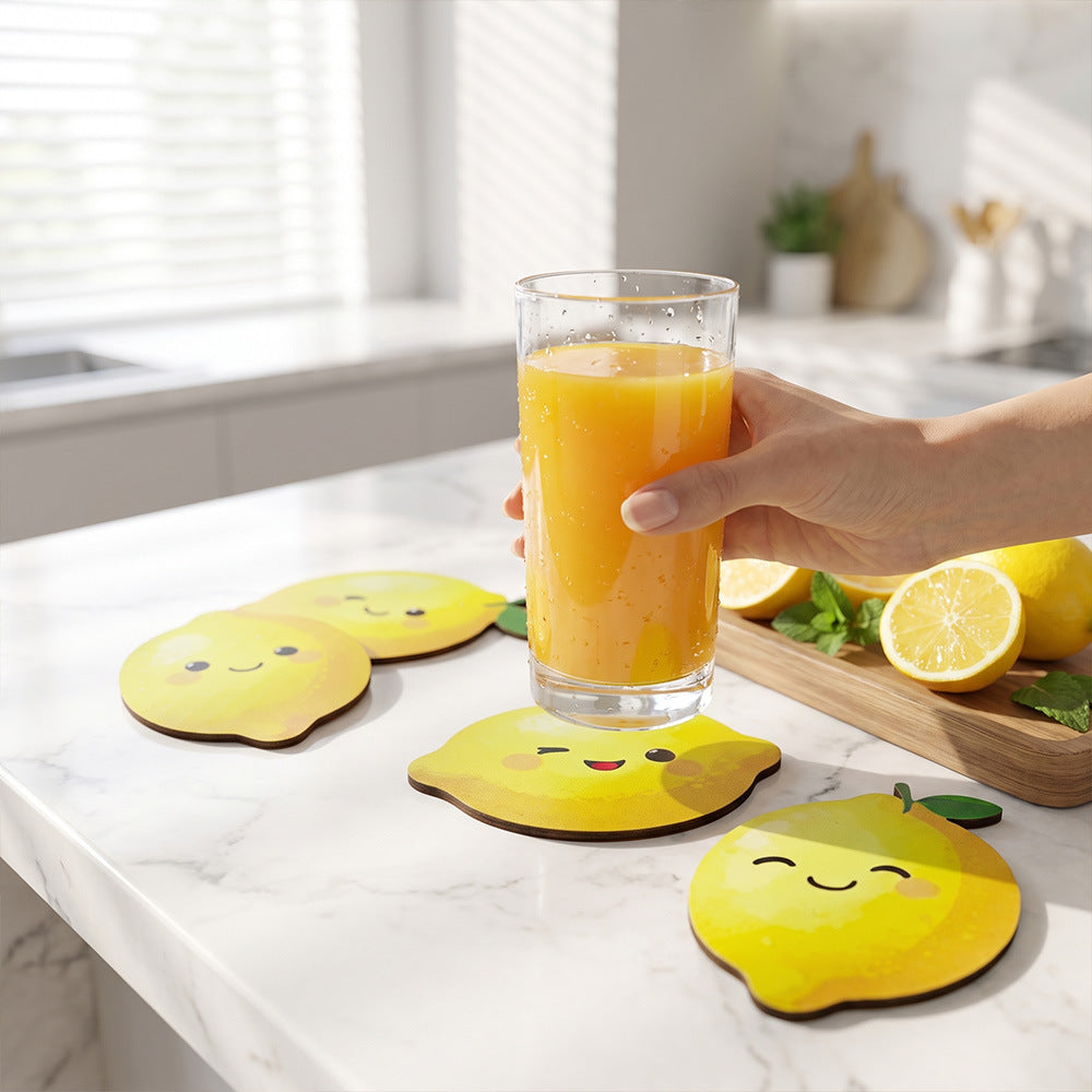 CouldNook Lemon Coaster Set - Four Wooden Pieces And Cartoon Faces