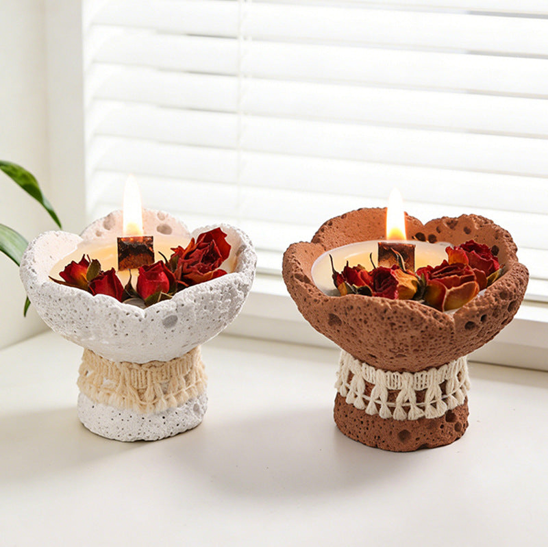 CouldNook Rustic Stone Pedestal Candle - Dried Rose & Macrame Boho Decor