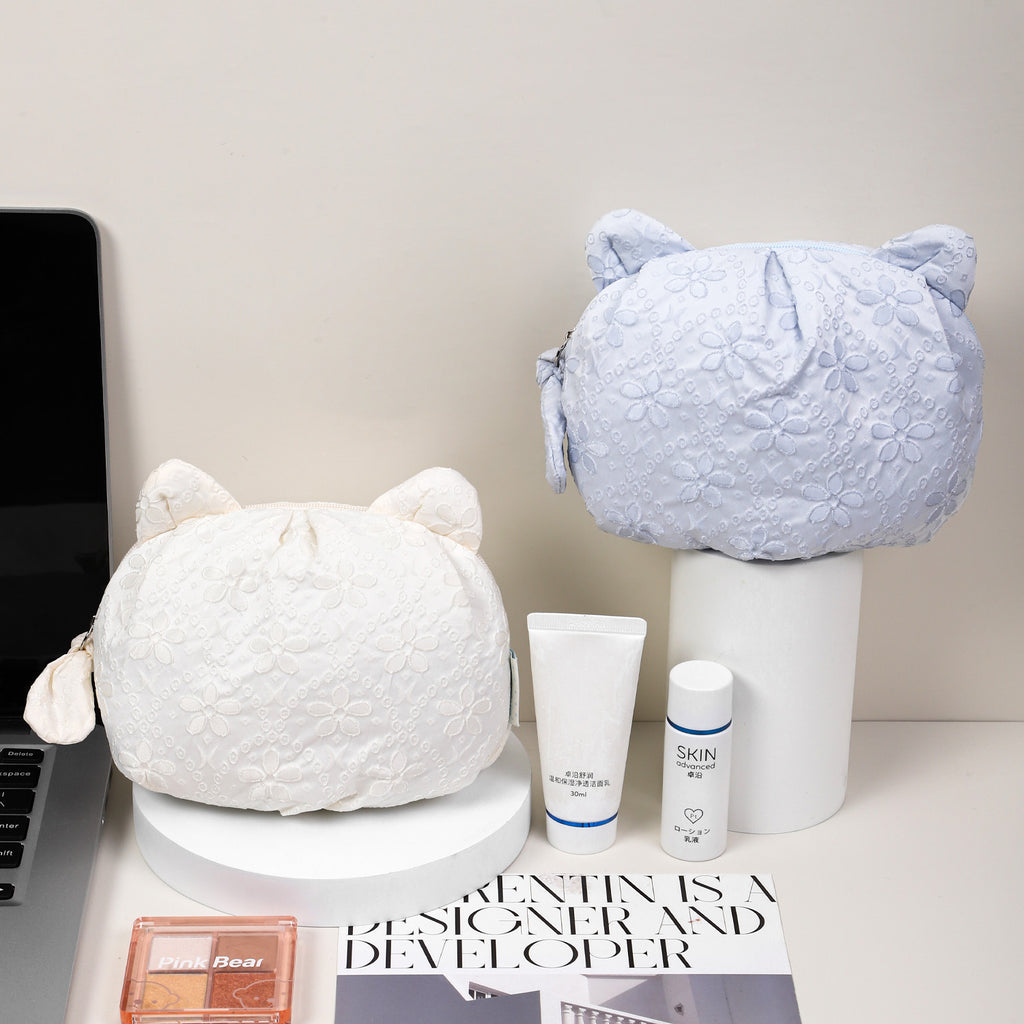 CouldNook Floral Cosmetic Pouch - Textured Blossoms And Cat Ear Details