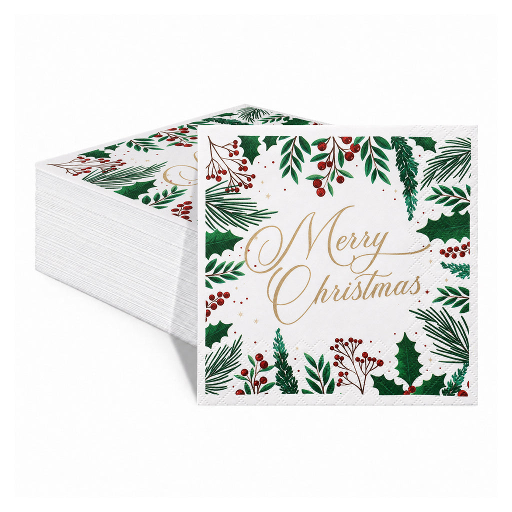 CouldNook Christmas Paper Napkins - Holly Berry Border And Script Greeting