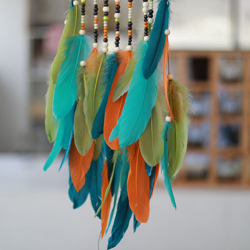 CouldNook Colorful Feather Dreamcatcher - Vine Hoop And Layered Beaded Strands