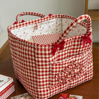 CouldNook Gingham Storage Basket - Bow Handles And Ruffled Front Pocket