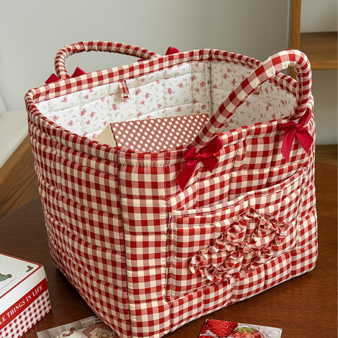 CouldNook Gingham Storage Basket - Bow Handles And Ruffled Front Pocket