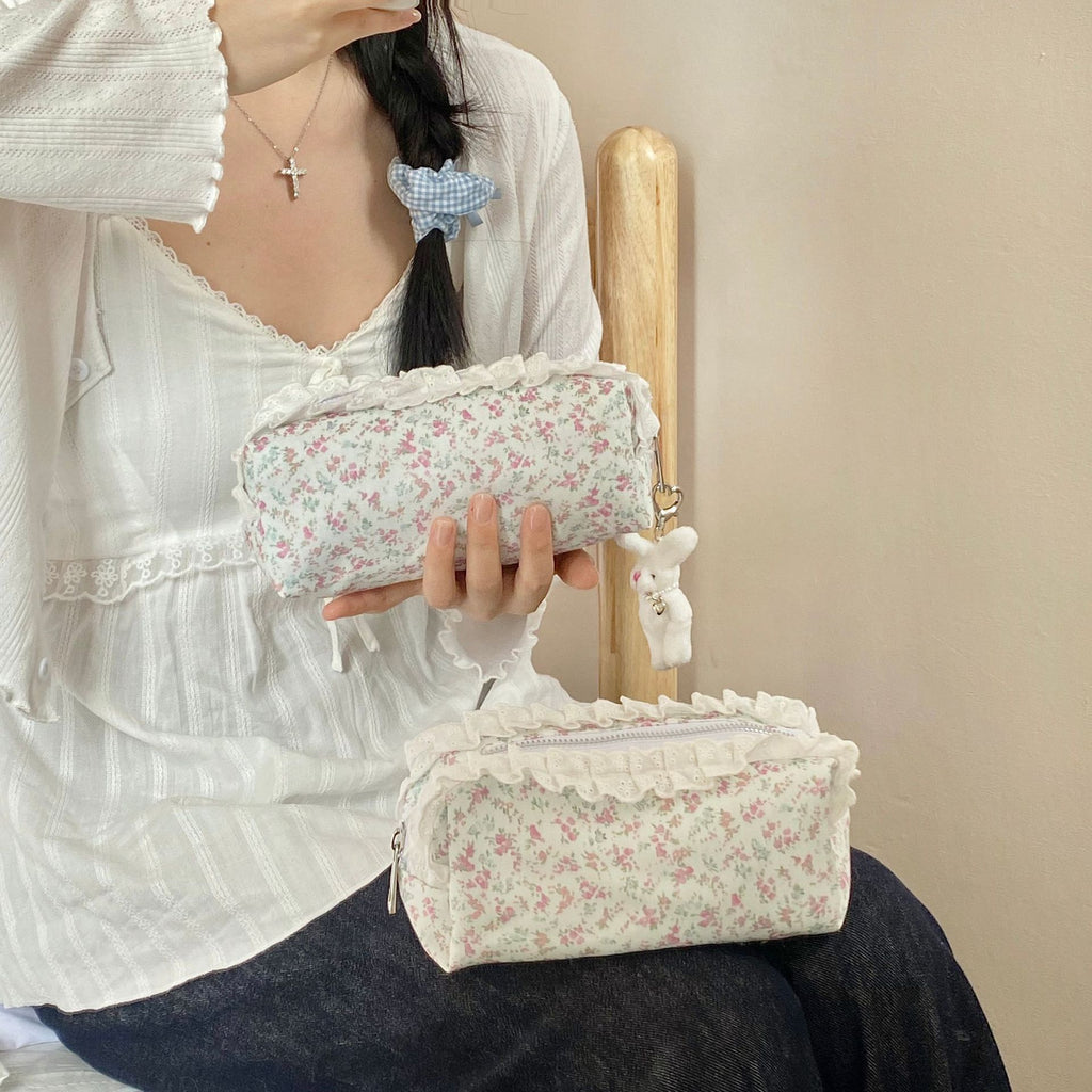 CouldNook Floral Lace Pencil Pouch - Ruffled Trim And Top Zipper