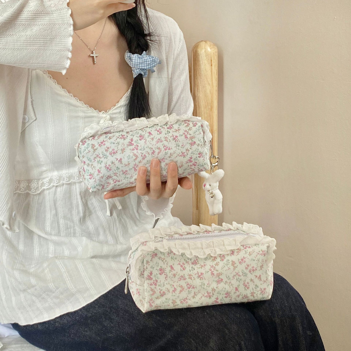 CouldNook Floral Lace Pencil Pouch - Ruffled Trim And Top Zipper