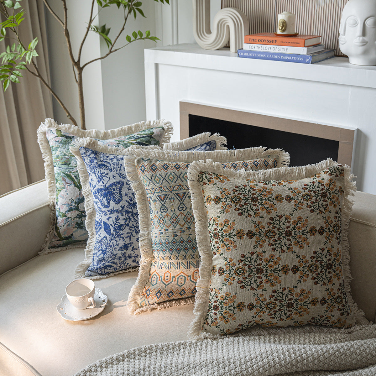 CouldNook Fringed Jacquard Cushion Cover - Botanical Patterns And Textured Borders