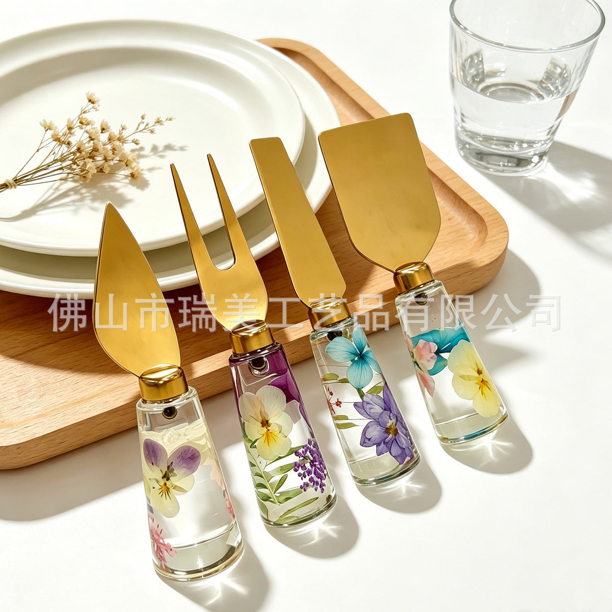 CouldNook Floral Cheese Serving Utensils - Clear Resin Handles and Shaped Heads