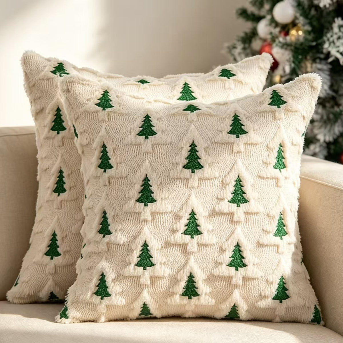 CouldNook Christmas Tree Cushion Cover - Raised Motifs Across A Textured Front