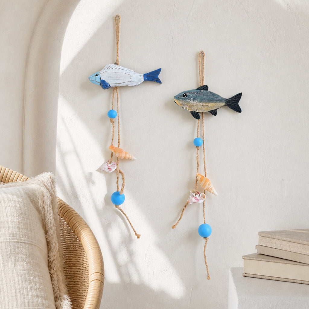 CouldNook Wooden Fish Wall Hanging - Painted Patterns And Beaded Cord