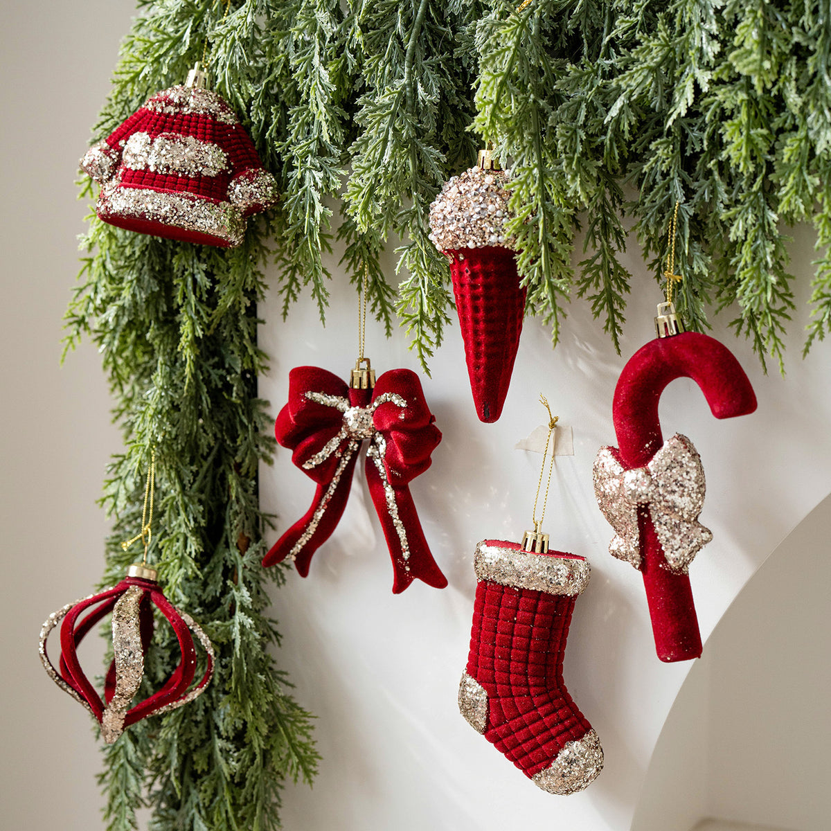 CouldNook Flocked Christmas Ornament Set - Glitter Details and Hanging Loops