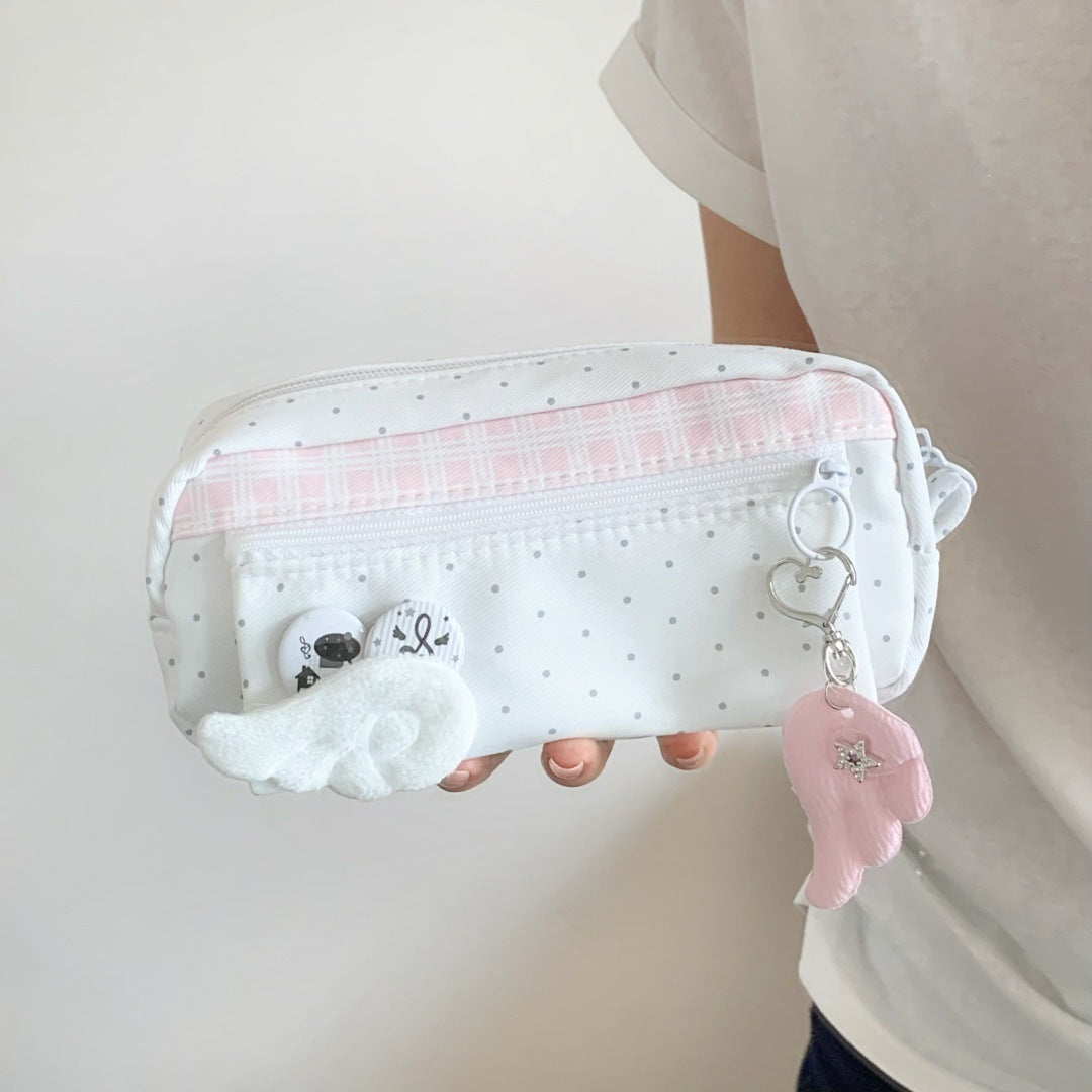 CouldNook Polka Dot Pencil Case - Plaid Band And Front Zip Pocket
