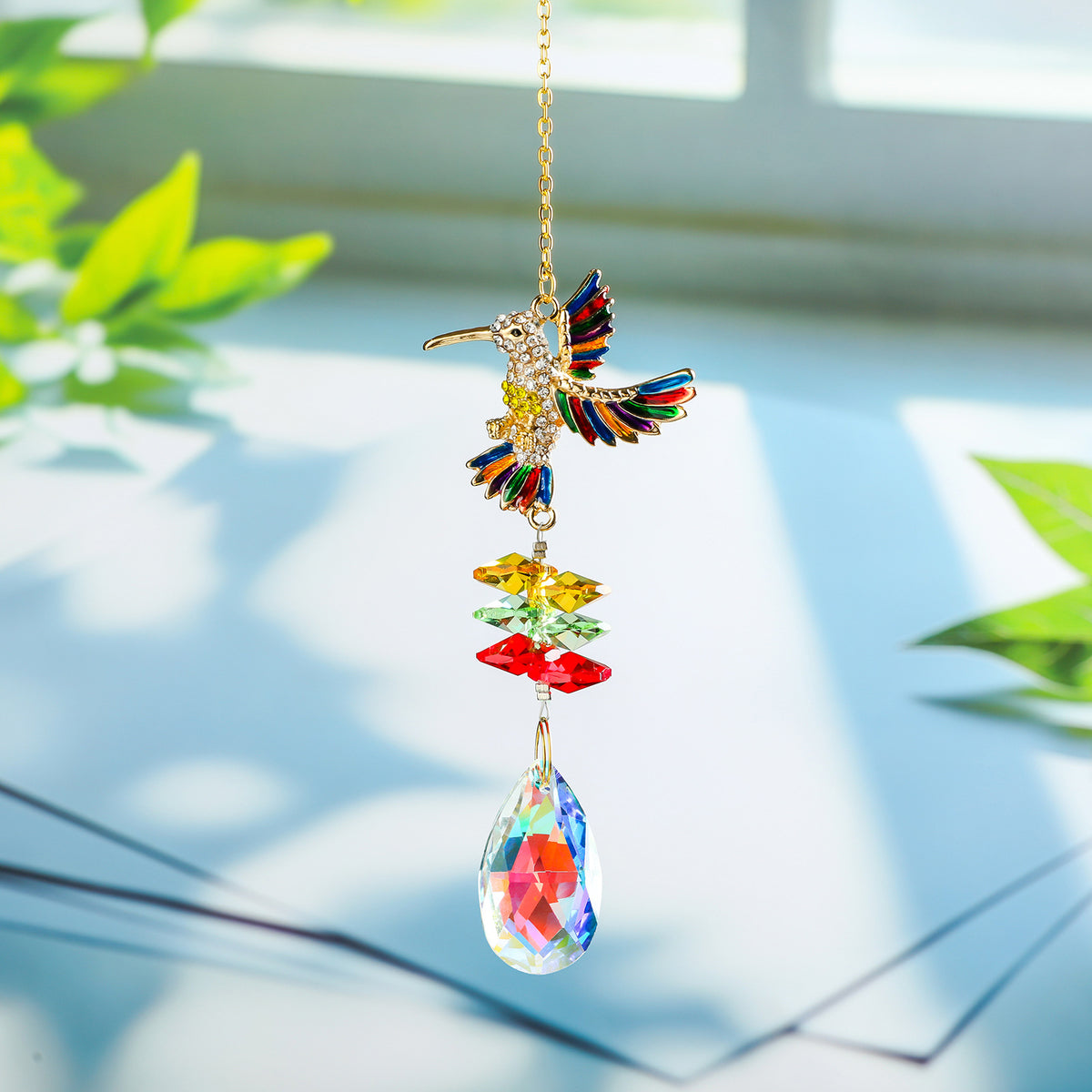 CouldNook Hummingbird Suncatcher - Spread Wings And Faceted Teardrop Pendant