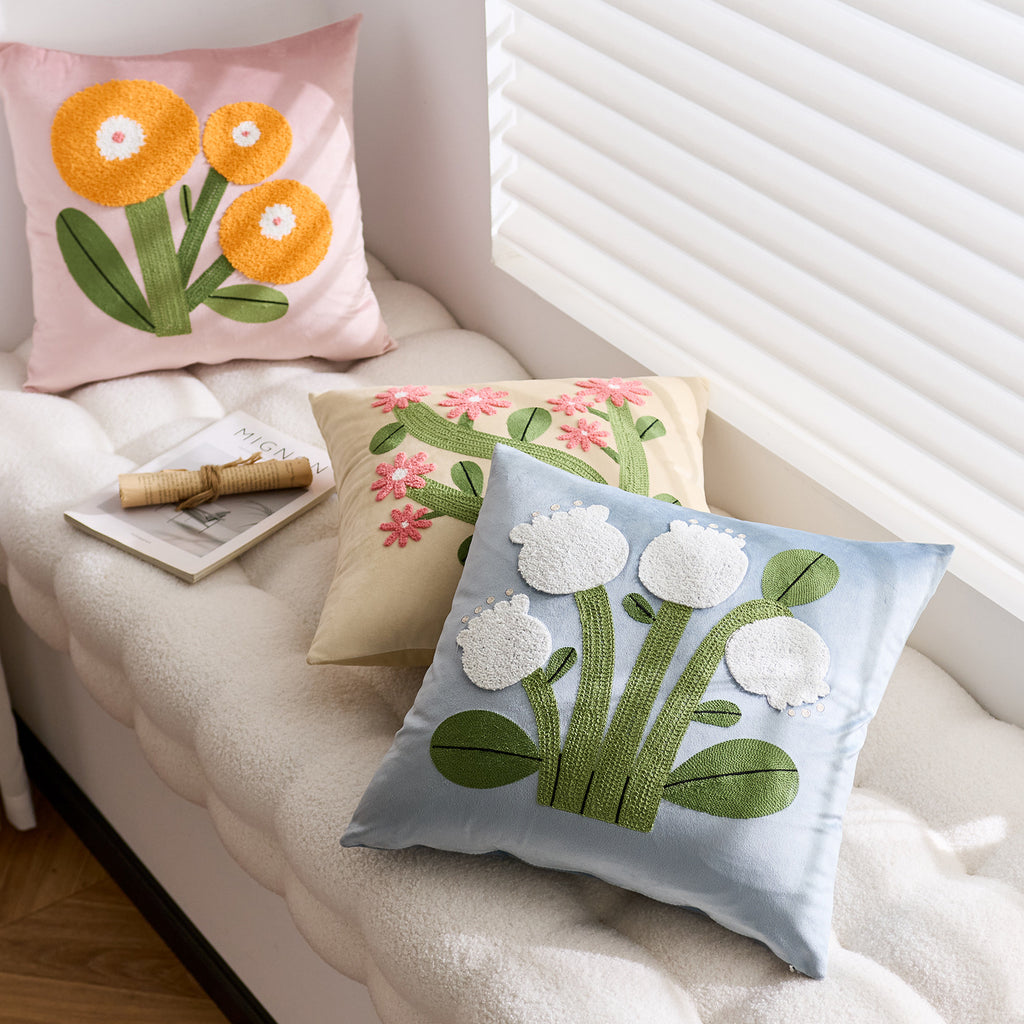 CouldNook Embroidered Floral Cushion Cover - Velvet Face And Raised Flowers