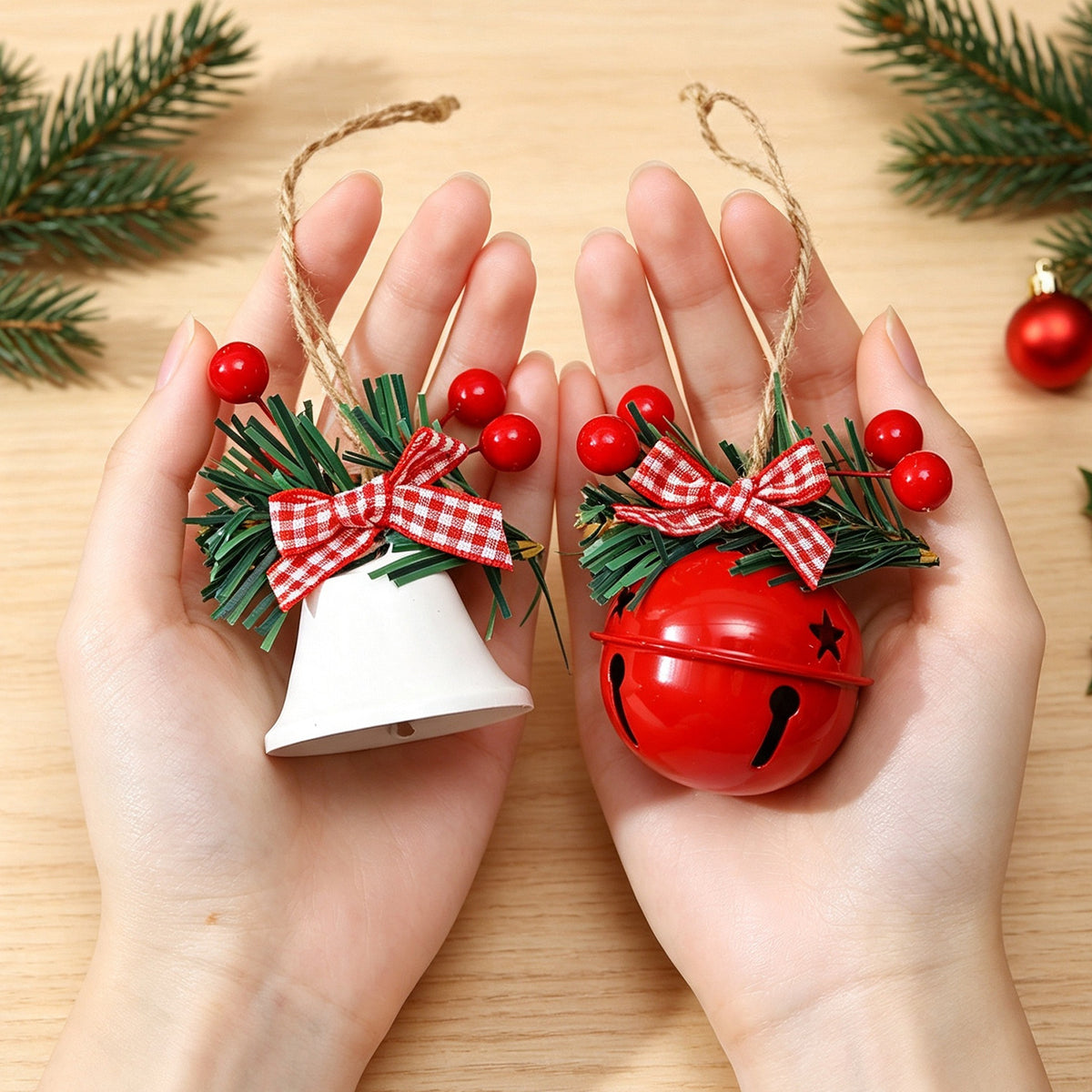 CouldNook Christmas Bell Ornament - Checkered Bows and Greenery Accents