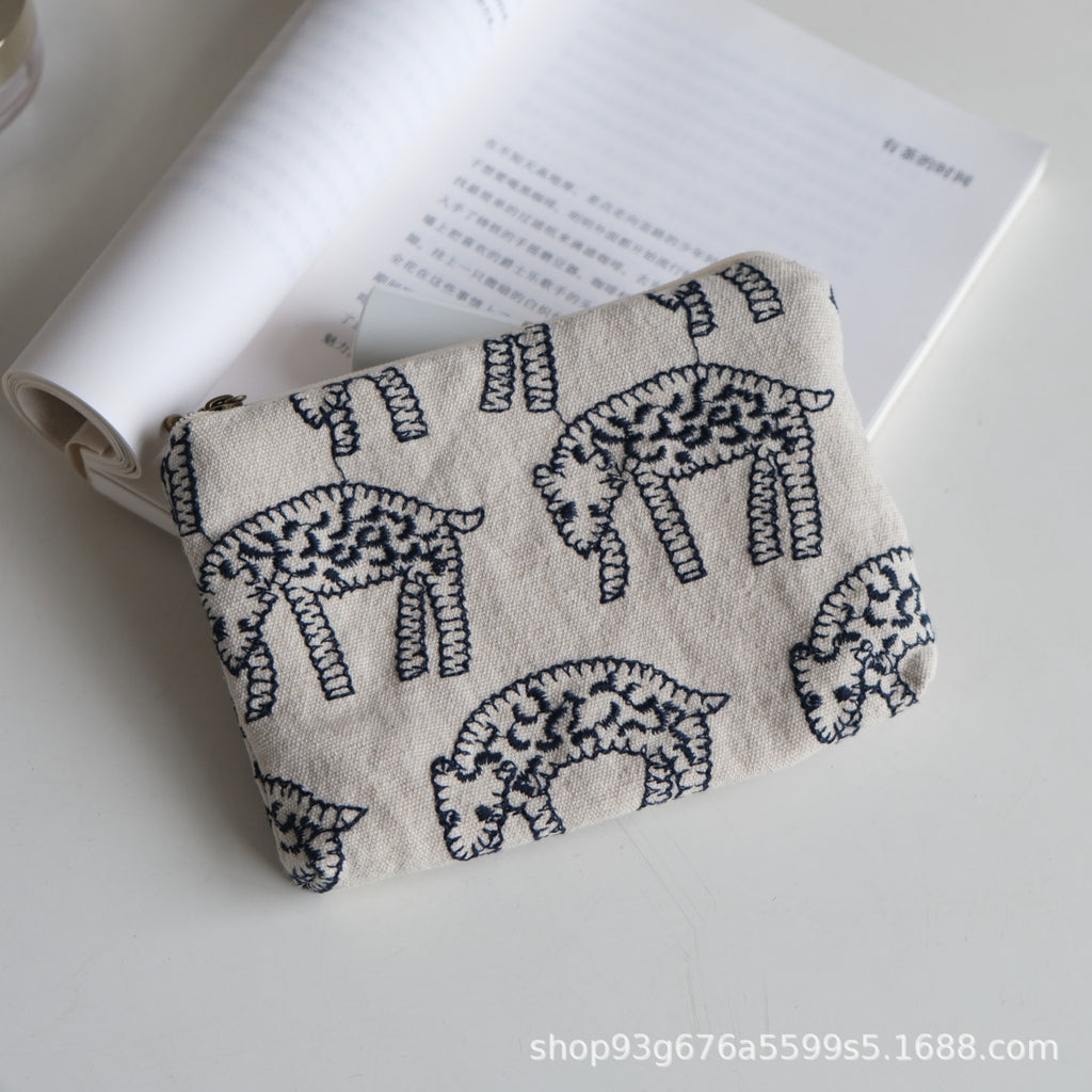 CouldNook Embroidered Zip Pouch - Botanical Motifs And Contrasting Animal Designs