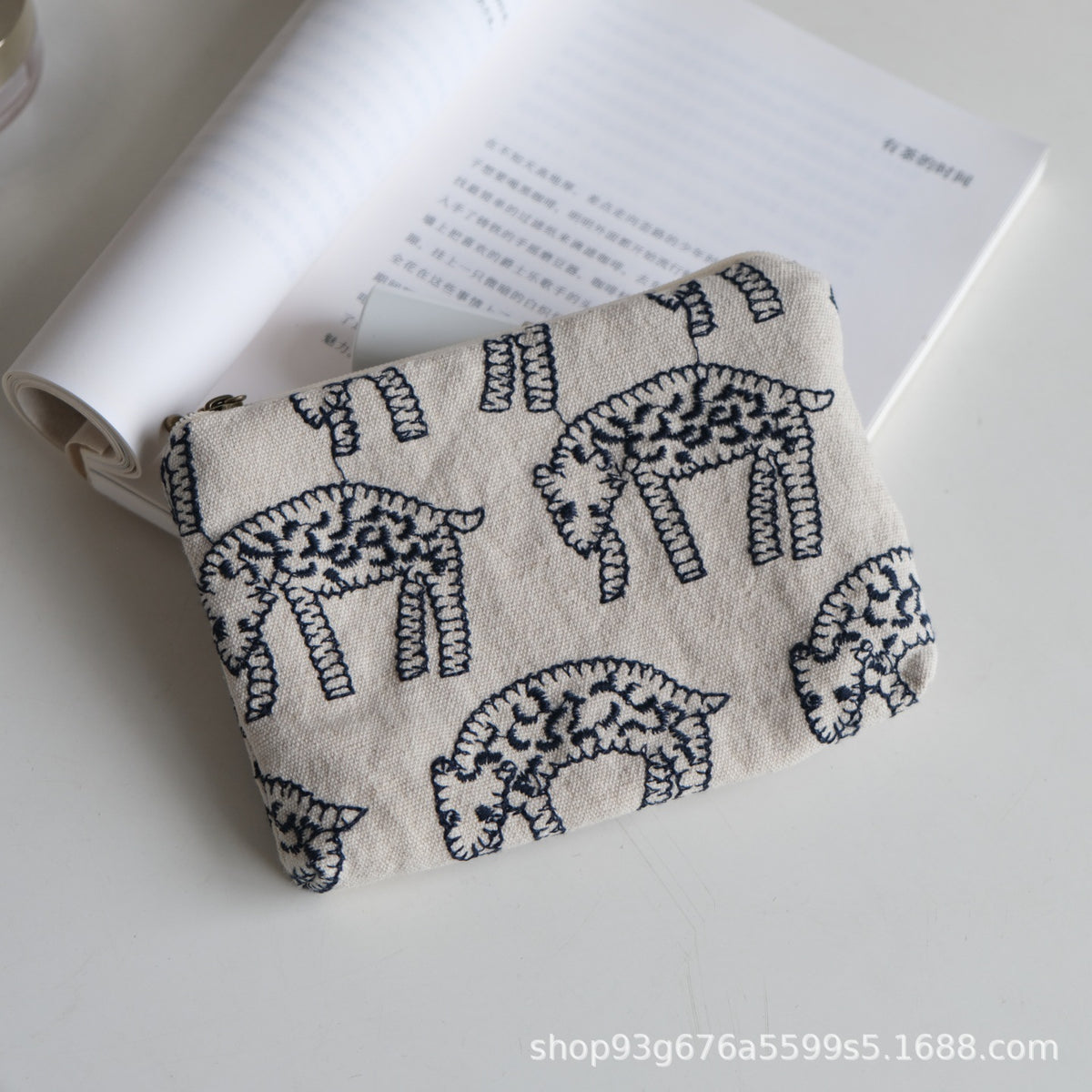 CouldNook Embroidered Zip Pouch - Botanical Motifs And Contrasting Animal Designs