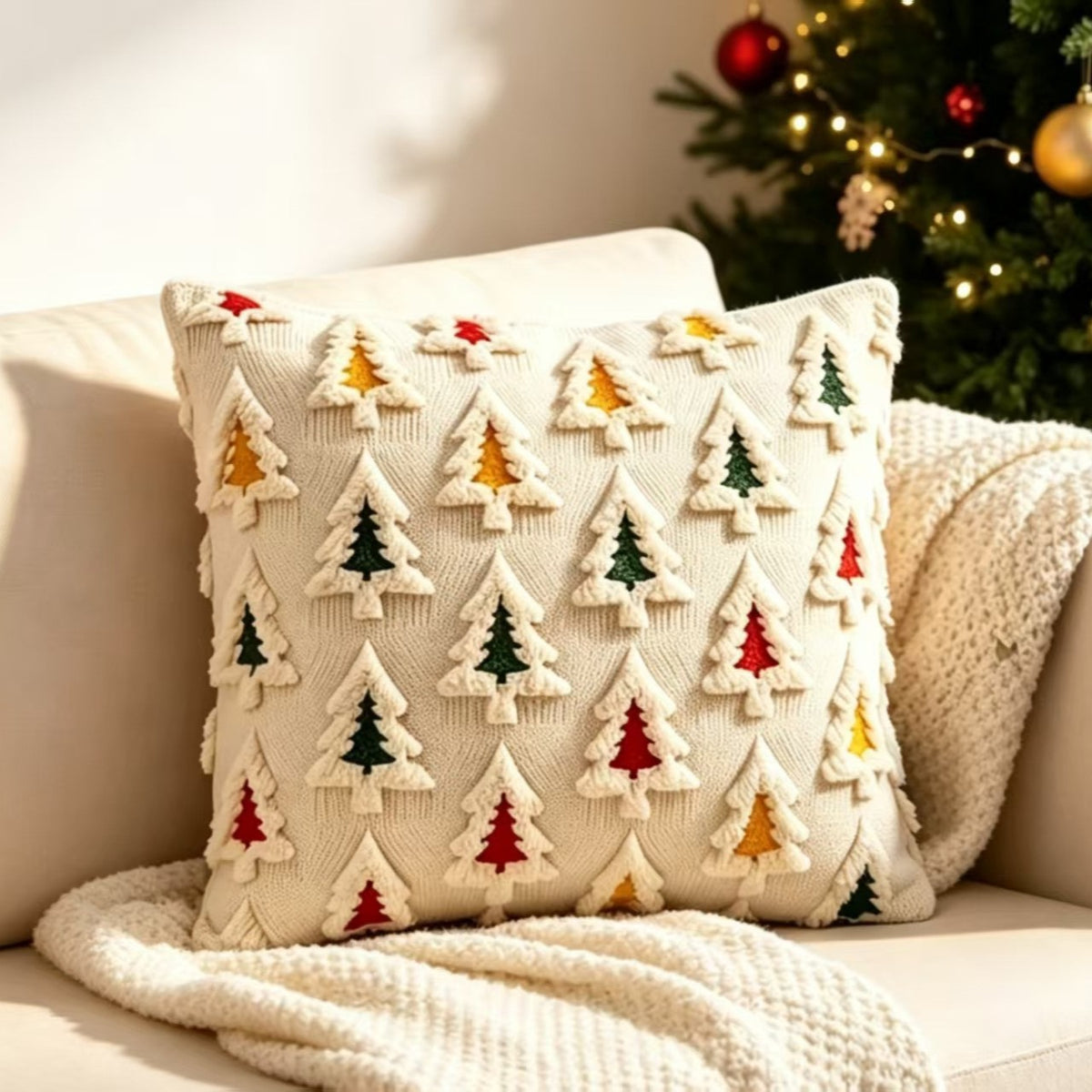 CouldNook Christmas Tree Cushion Cover - Raised Motifs Across A Textured Front