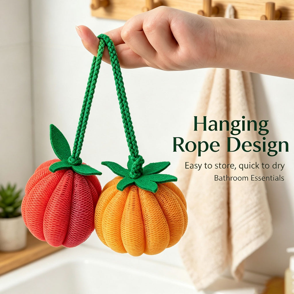 CouldNook Fruit Shaped Bath Pouf - Gathered Mesh And Green Leaf Detail