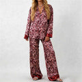 CouldNook Pajama Set 2 Piece-Leopard Print Satin Long Sleeve Button Down Top & Loose Wide Leg Pants Lounge Set