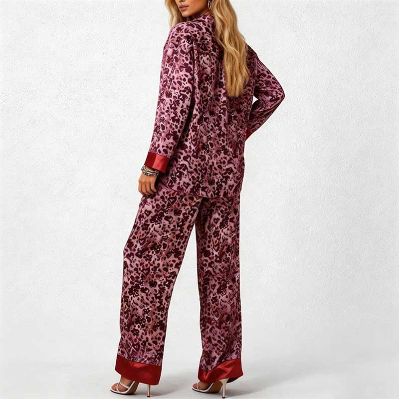 CouldNook Pajama Set 2 Piece-Leopard Print Satin Long Sleeve Button Down Top & Loose Wide Leg Pants Lounge Set
