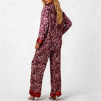 CouldNook Pajama Set 2 Piece-Leopard Print Satin Long Sleeve Button Down Top & Loose Wide Leg Pants Lounge Set