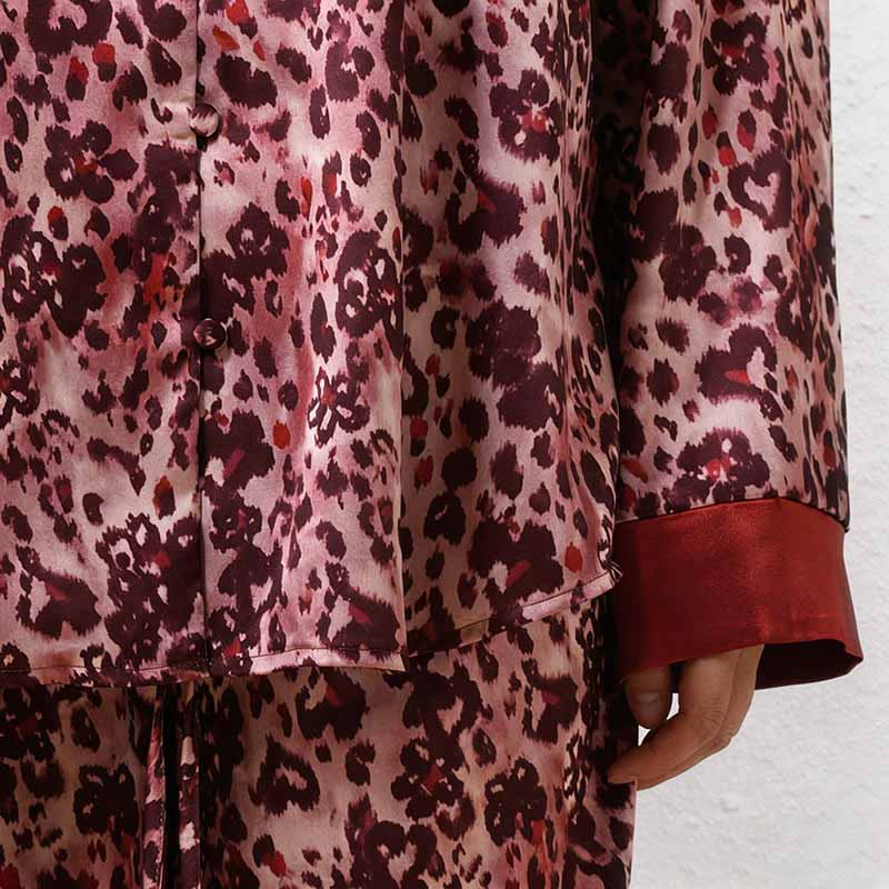 CouldNook Pajama Set 2 Piece-Leopard Print Satin Long Sleeve Button Down Top & Loose Wide Leg Pants Lounge Set