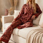 CouldNook Pajama Set 2 Piece-Leopard Print Satin Long Sleeve Button Down Top & Loose Wide Leg Pants Lounge Set