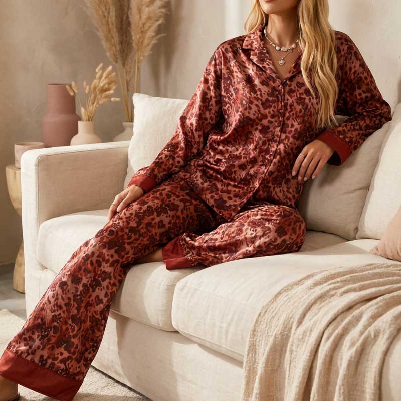 CouldNook Pajama Set 2 Piece-Leopard Print Satin Long Sleeve Button Down Top & Loose Wide Leg Pants Lounge Set