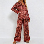 CouldNook Pajama Set 2 Piece-Leopard Print Satin Long Sleeve Button Down Top & Loose Wide Leg Pants Lounge Set