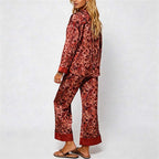 CouldNook Pajama Set 2 Piece-Leopard Print Satin Long Sleeve Button Down Top & Loose Wide Leg Pants Lounge Set